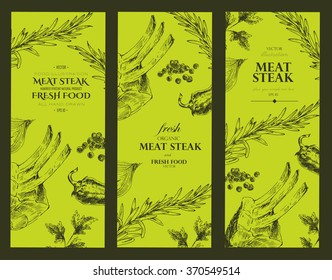 vector steak meat hand drawing banner with pepper and rosemary. detailed food designer template
