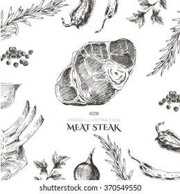 vector steak meat hand drawing with pepper and rosemary. detailed ink food illustration