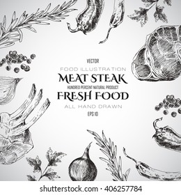 vector steak meat hand drawing with pepper and rosemary. detailed food design template. meat design for corporate identity. barbecue and grill elements for restaurant menu.