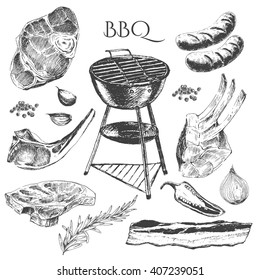 vector steak meat hand drawing with pepper and rosemary. detailed ink food illustration. bacon slice, lamb rib, grill. Grilled meat and vegetables