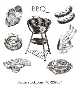 vector steak meat hand drawing. detailed ink food illustration. bacon slice, lamb rib, grill. Grilled meat 