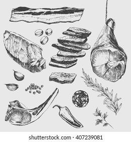 Vector Steak Meat Hand Drawing With Pepper And Rosemary. Detailed Ink Food Illustration. Bacon Slice, Lamb Rib, Salami, Parma Ham