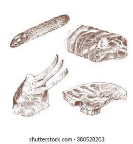 vector steak meat sketch hand drawing. detailed ink meat products food illustration