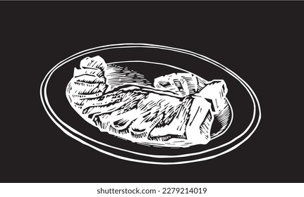 Vector steak on a plate isolated on black , grilled meat illustration, food element