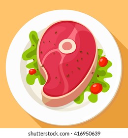 Vector steak served on plate and colored background