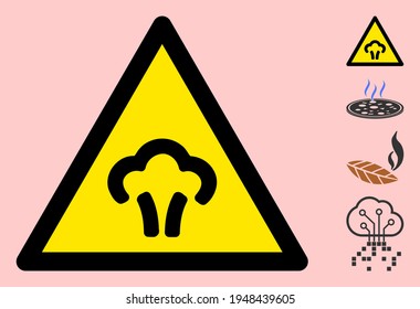 Vector steam flat warning sign. Triangle icon uses black and yellow colors. Symbol style is a flat steam hazard sign on a pink background. Icons designed for careful signals, road signs,