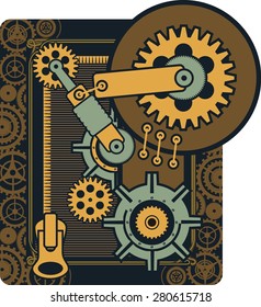Vector Steam punk mechanical elements and rotating parts in a rectangular shape