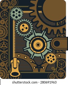 Vector Steam punk mechanical pocket watch elements are interlaced with banners and rotating parts
