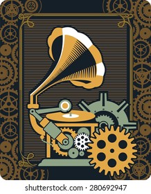 Vector Steam punk mechanical pocket watch elements are interlaced with banners and rotating parts