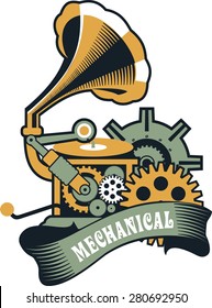 Vector Steam punk mechanical pocket watch elements are interlaced with banners and rotating parts
