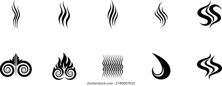 
Vector steam symbols set featuring black rising vapor lines and abstract ornamental swirls representing hot temperature or pleasant cooking aromas on white background.