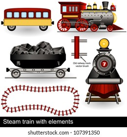 vector steam trains with wagons and a railway track.