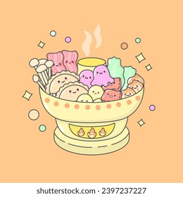 Vector Steambot Shabu Beef MeatBall Mushroom Vegetable with cute facial expressions and pastel colour