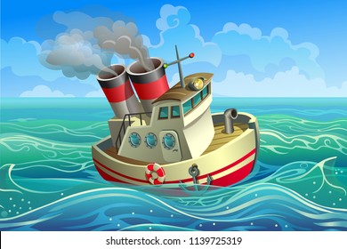 Vector steamer. A small steel ship with two pipes goes along the waves.