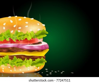 Vector steaming cheeseburger on a green background and scattered with sesame seeds
