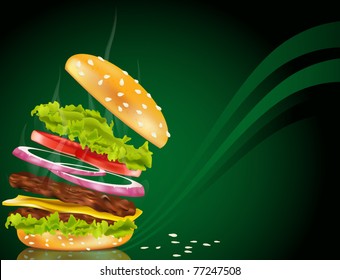 Vector steaming hamburger with cheese, onion and rissole on a green background