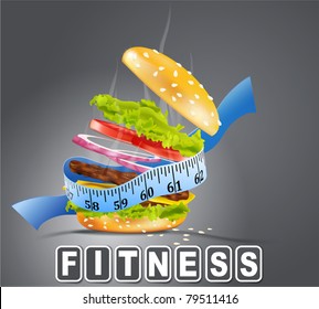 vector steaming hamburger wrapped the measuring tape on a gray background