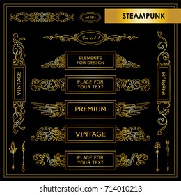 Vector Steampunk, abstract mechanical elements for design. Beautiful hand drawn boxes, perfect for dividers, headers, title. Rectangle, round box. Vintage style. Metallic gold color