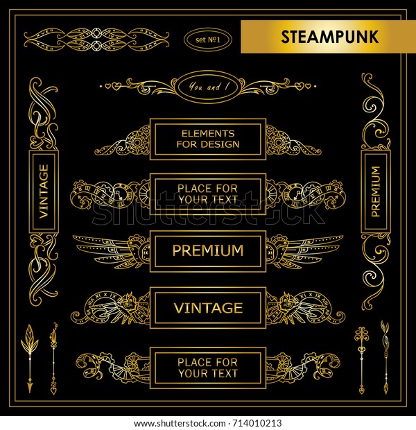Vector Steampunk,\
abstract mechanical elements for design. Beautiful hand drawn\
boxes, perfect for dividers, headers, title. Rectangle, round box.\
Vintage style. Metallic gold\
color