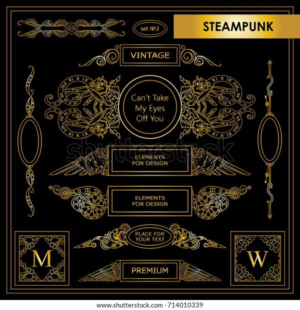 Vector Steampunk,\
abstract mechanical elements for design. Beautiful hand drawn\
boxes, perfect for dividers, headers, title. Rectangle, round box.\
Vintage style. Metallic gold\
color