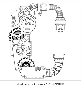 Vector Steampunk coloring book for adults. Mechanical letter alphabet made of metal gears and various details on white background. Capital letter C