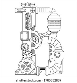 Vector Steampunk Farbbuch für Erwachsene. Mechanisches Buchstabenalphabet aus Metallgetrieben und verschiedenen Details auf weißem Hintergrund. Kapitalbrief B