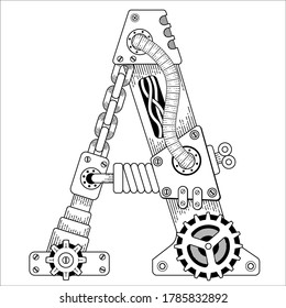 Vector Steampunk Farbbuch für Erwachsene. Mechanisches Buchstabenalphabet aus Metallgetrieben und verschiedenen Details auf weißem Hintergrund. Kapitalbrief A