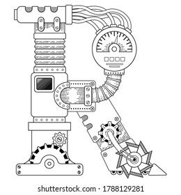 Vector Steampunk coloring book for adults. Mechanical letter alphabet made of metal gears and various details on white background. Capital letter R from the alphabet of gears