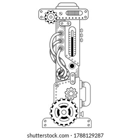 Vector Steampunk Farbbuch für Erwachsene. Mechanisches Buchstabenalphabet aus Metallgetrieben und verschiedenen Details auf weißem Hintergrund. Großbuchstabe I aus dem Alphabet der Zahnräder