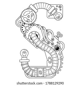 Vector Steampunk Farbbuch für Erwachsene. Mechanisches Buchstabenalphabet aus Metallgetrieben und verschiedenen Details auf weißem Hintergrund. Großbuchstabe S aus dem Alphabet der Zahnräder