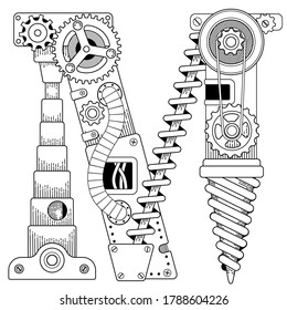 Vector Steampunk Farbbuch für Erwachsene. Mechanisches Buchstabenalphabet aus Metallgetrieben und verschiedenen Details auf weißem Hintergrund. Großbuchstabe M aus dem Alphabet der Zahnräder