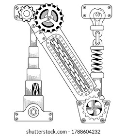 Vector Steampunk Farbbuch für Erwachsene. Mechanisches Buchstabenalphabet aus Metallgetrieben und verschiedenen Details auf weißem Hintergrund. Kapitalbuchstabe N aus dem Alphabet der Zahnräder