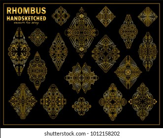 Vector steampunk elements for design. Ornate rhombus for logo, emblem, labels. Steampunk, mechanical clock, gear, bird sketch collection. Vintage design, metallic gold color 