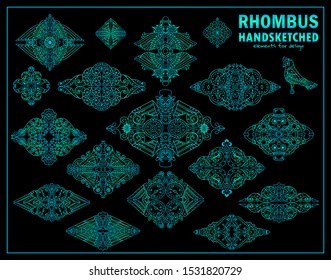Vector steampunk elements for design. Ornate rhombus for logo, emblem, labels. Steampunk, mechanical clock, gear, bird sketch collection. Modern design, neon blue and green color
