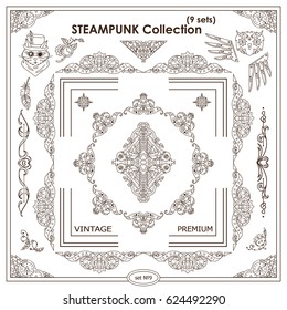 Vector Steampunk elements for design. Ornate vintage corners, frames, template for logo, divider, vignette. Square, rectangle, triangle elements. Different elements in each set, classic design Set 9