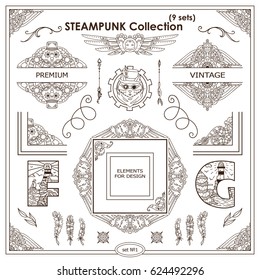 Vector Steampunk elements for design. Ornate vintage corners, frames, template for logo, divider, vignette. Square, rectangle, triangle elements. Different elements in each set, classic design Set 1