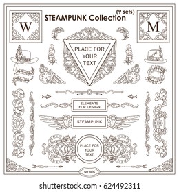 Vector Steampunk elements for design. Ornate vintage corners, frames, template for logo, divider, vignette. Square, rectangle, triangle elements. Different elements in each set, classic design Set 6