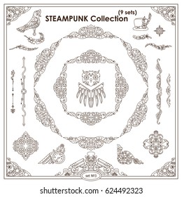 Vector Steampunk elements for design. Ornate vintage corners, frames, template for logo, divider, vignette. Square, rectangle, triangle elements. Different elements in each set, classic design Set 3