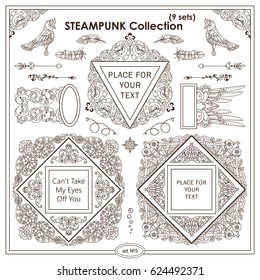 Vector Steampunk elements for design. Ornate vintage corners, frames, template for logo, divider, vignette. Square, rectangle, triangle elements. Different elements in each set, classic design Set 5