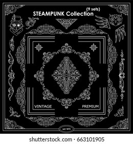 Vector Steampunk elements for design. Ornate vintage corners, frames, template for logo, divider, vignette. Square, rectangle, triangle elements. Different elements in each set, chalkboard design