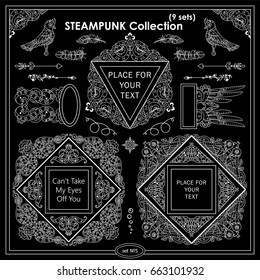 Vector Steampunk elements for design. Ornate vintage corners, frames, template for logo, divider, vignette. Square, rectangle, triangle elements. Different elements in each set, chalkboard design