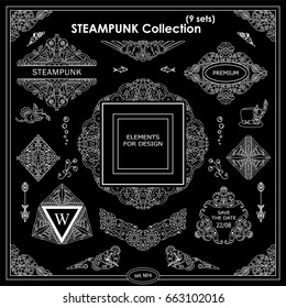 Vector Steampunk elements for design. Ornate vintage corners, frames, template for logo, divider, vignette. Square, rectangle, triangle elements. Different elements in each set, chalkboard design