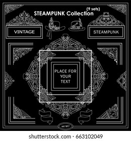 Vector Steampunk elements for design. Ornate vintage corners, frames, template for logo, divider, vignette. Square, rectangle, triangle elements. Different elements in each set, chalkboard design