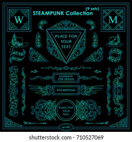 Vector Steampunk elements for design. Ornate vintage corners, frames, template for logo, divider, vignette. Square, rectangle, triangle elements. Different elements in each set, blue neon color