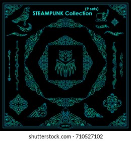 Vector Steampunk elements for design. Ornate vintage corners, frames, template for logo, divider, vignette. Square, rectangle, triangle elements. Different elements in each set, blue neon color