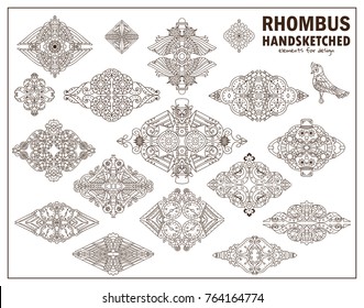 Vector steampunk elements for design. Ornate rhombus for logo, emblem, labels. Steampunk, mechanical clock, gear, bird sketch collection. Vintage design