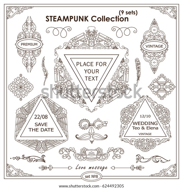 Vector Steampunk elements for design. Ornate vintage
corners, frames, template for logo, divider, vignette. Square,
rectangle, triangle elements. Different elements in each set,
classic design Set 8