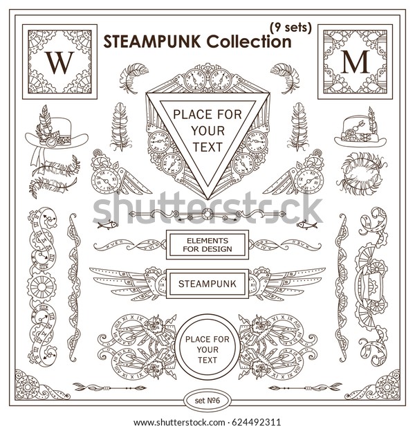 Vector Steampunk elements for design. Ornate vintage
corners, frames, template for logo, divider, vignette. Square,
rectangle, triangle elements. Different elements in each set,
classic design Set 6