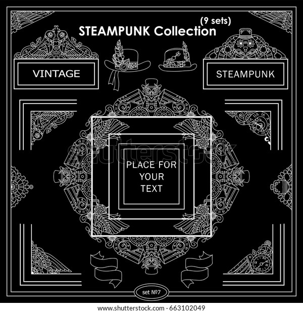 Vector Steampunk elements for design. Ornate
vintage corners, frames, template for logo, divider, vignette.
Square, rectangle, triangle elements. Different elements in each
set, chalkboard design