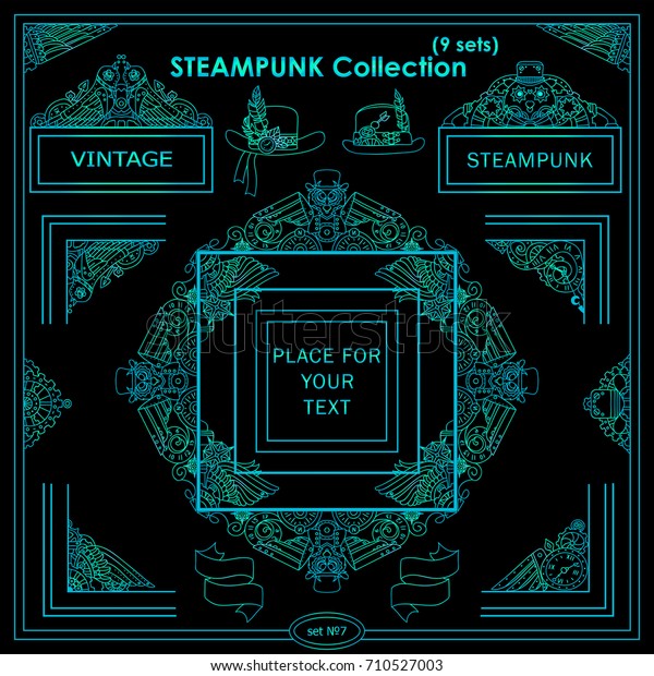 Vector Steampunk elements for design. Ornate
vintage corners, frames, template for logo, divider, vignette.
Square, rectangle, triangle elements. Different elements in each
set, blue neon color